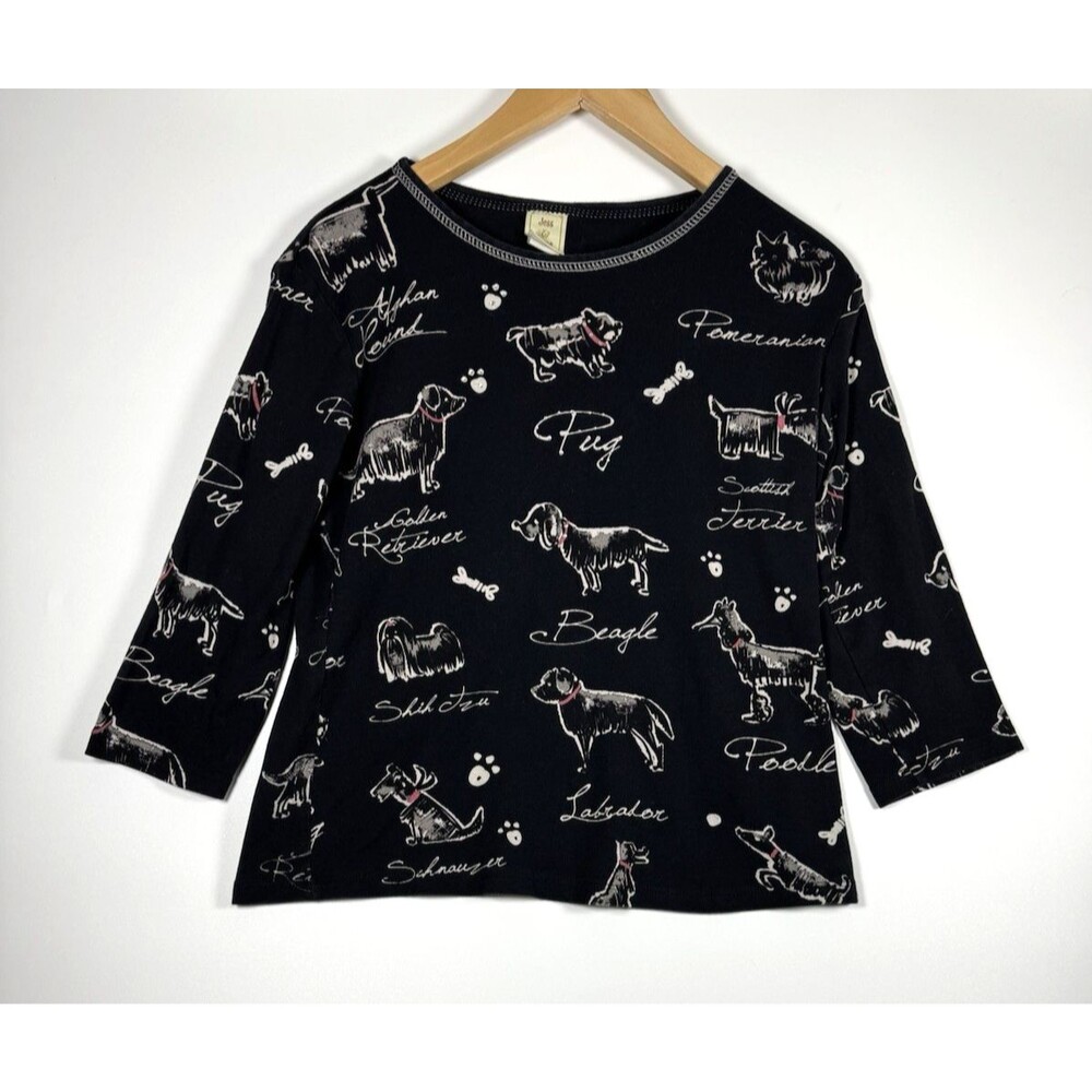 Jess‎ and Jane Top Womens Small Black Dog Doodle Embellished Cotton Made in USA